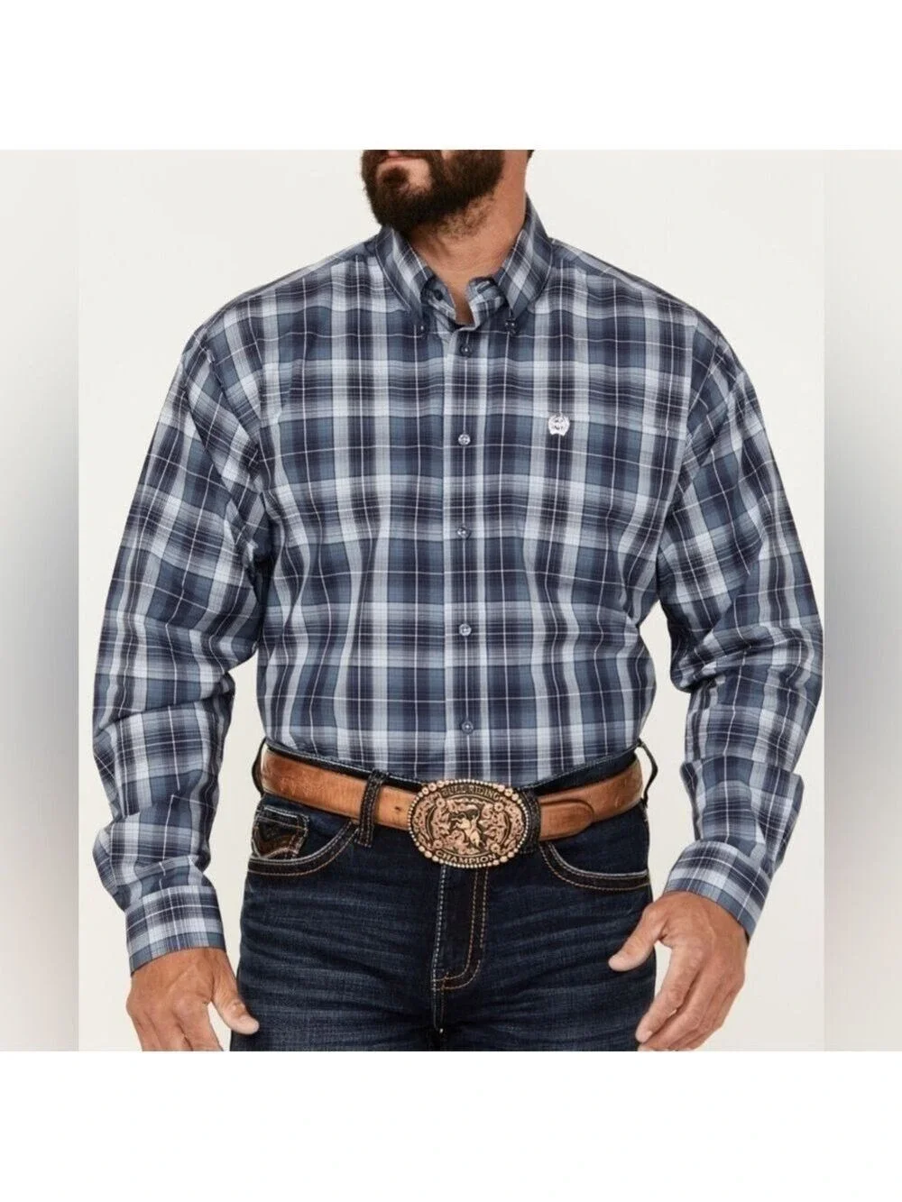 Cinch Western Shirt Men's Size Large Blue/Black Plaid Long Sleeve Button Down